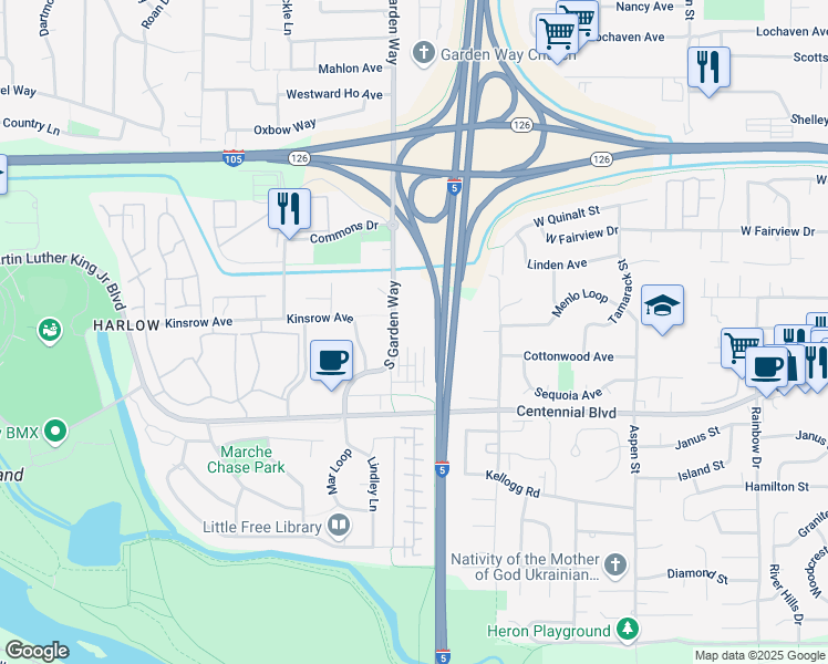 map of restaurants, bars, coffee shops, grocery stores, and more near 301 South Garden Way in Eugene