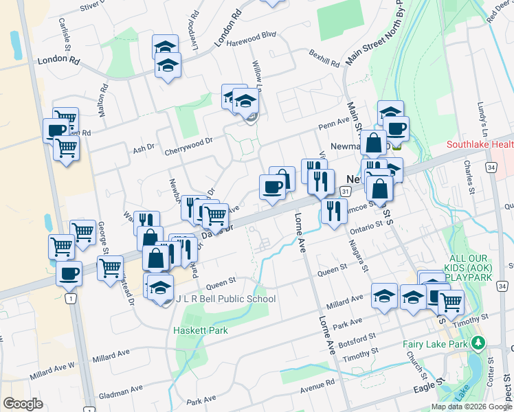 map of restaurants, bars, coffee shops, grocery stores, and more near 255 Davis Drive in Newmarket