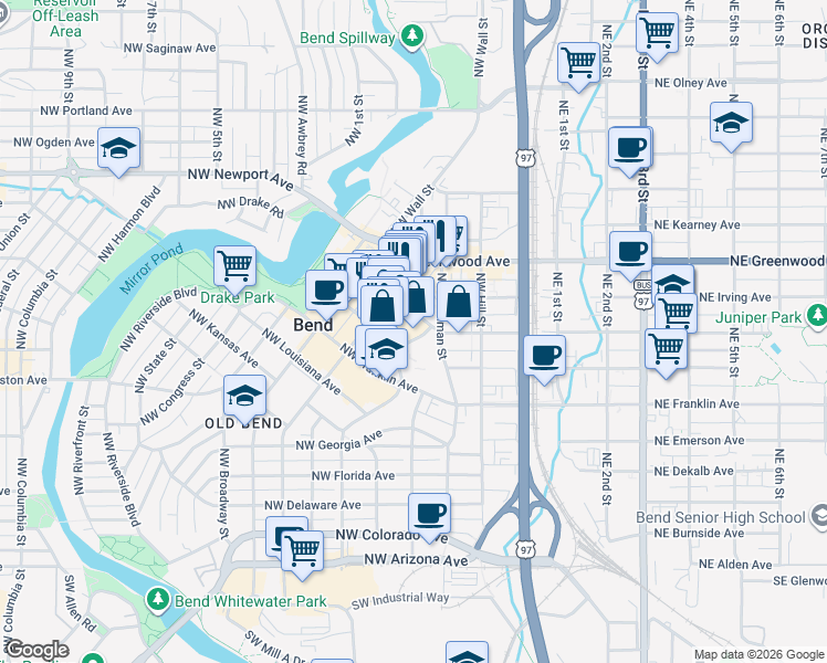 map of restaurants, bars, coffee shops, grocery stores, and more near 750 Northwest Lava Road in Bend