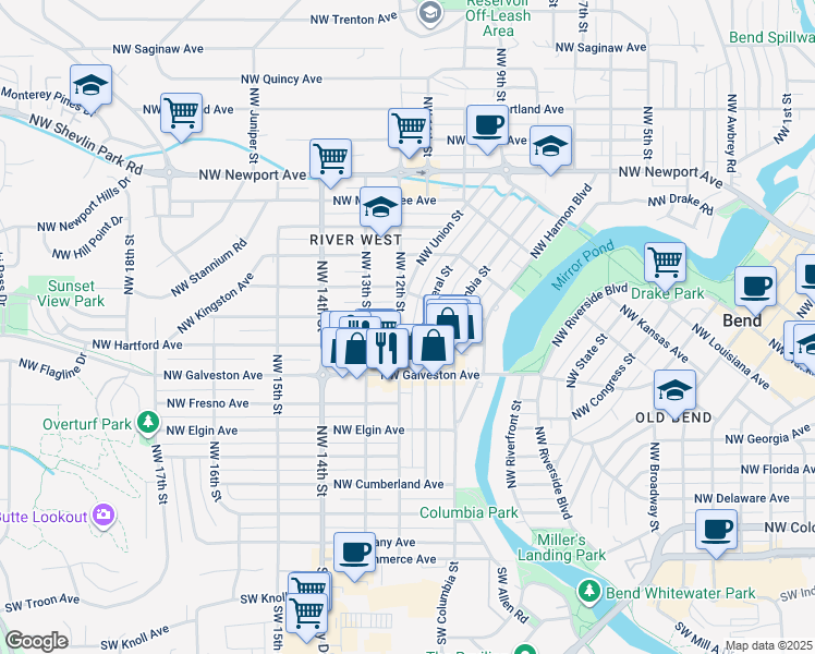 map of restaurants, bars, coffee shops, grocery stores, and more near 1205 Northwest Ithaca Avenue in Bend