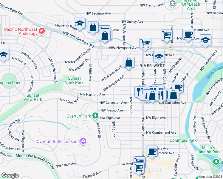 map of restaurants, bars, coffee shops, grocery stores, and more near 1613 Northwest Ithaca Avenue in Bend