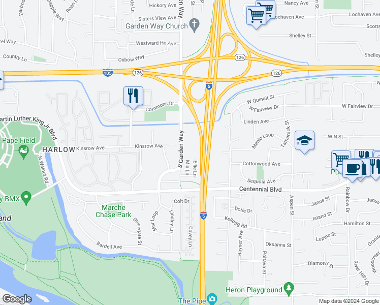 map of restaurants, bars, coffee shops, grocery stores, and more near 301 South Garden Way in Eugene