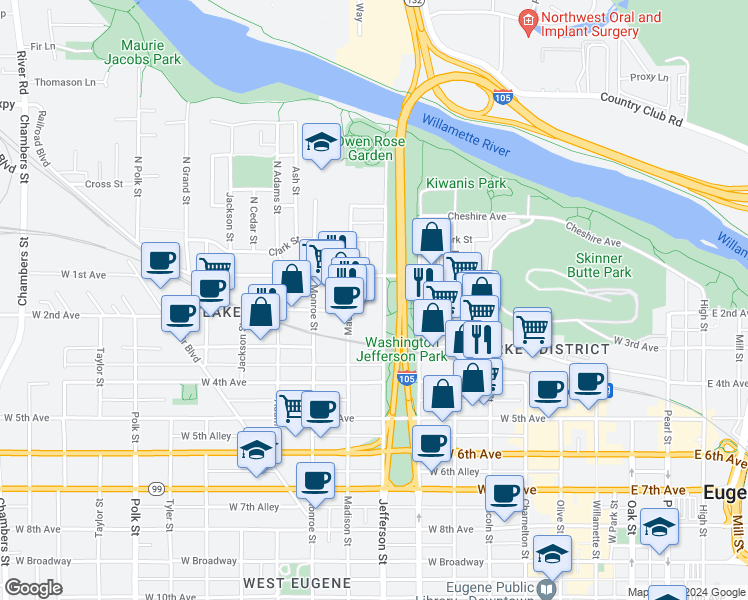 map of restaurants, bars, coffee shops, grocery stores, and more near in Eugene