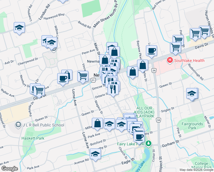 map of restaurants, bars, coffee shops, grocery stores, and more near 32 Main Street South in Newmarket
