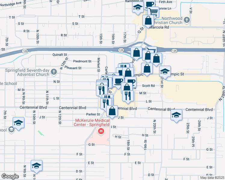 map of restaurants, bars, coffee shops, grocery stores, and more near 1414 Mohawk Boulevard in Springfield