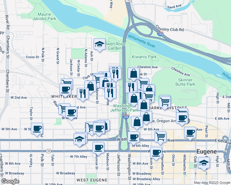 map of restaurants, bars, coffee shops, grocery stores, and more near 158 Jefferson Street in Eugene