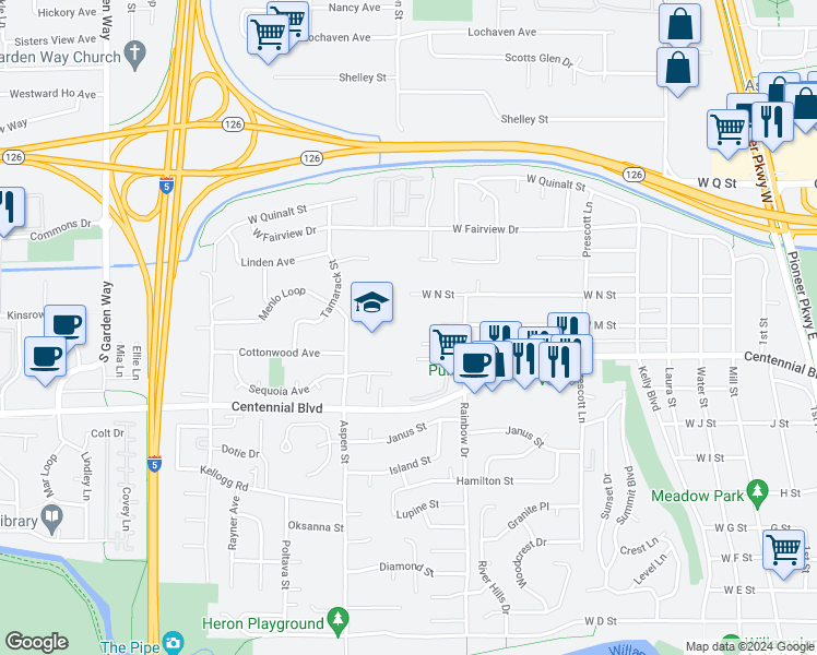 map of restaurants, bars, coffee shops, grocery stores, and more near 1018 West L Street in Springfield
