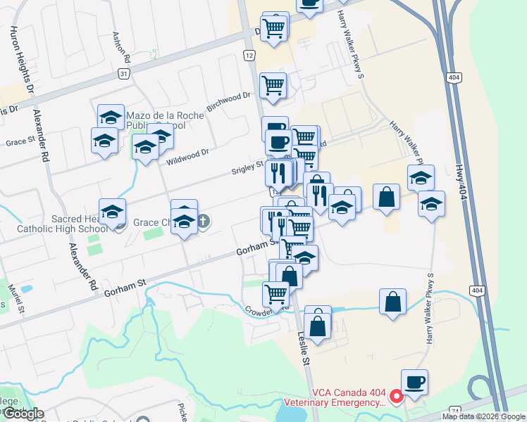 map of restaurants, bars, coffee shops, grocery stores, and more near 1059 Easthill Court in Newmarket