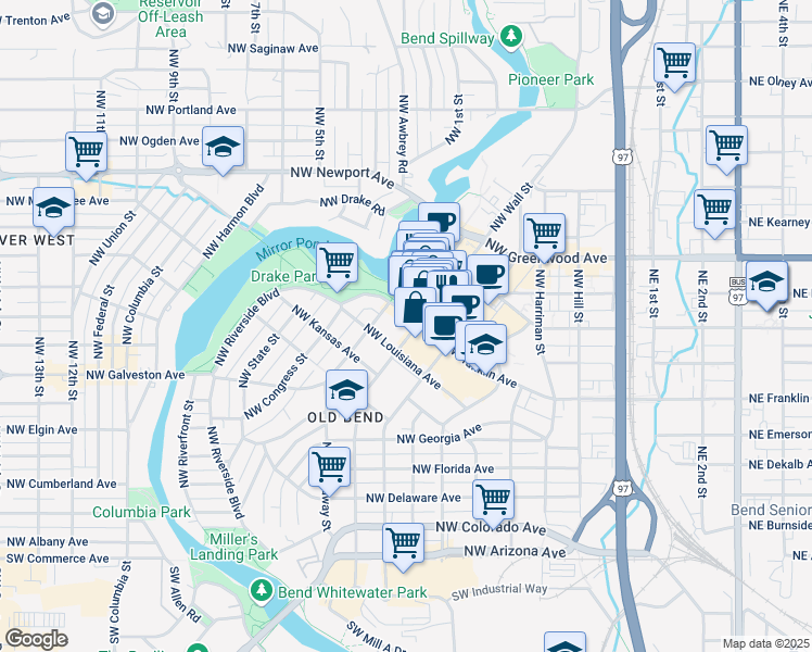 map of restaurants, bars, coffee shops, grocery stores, and more near 777 Northwest Wall Street in Bend