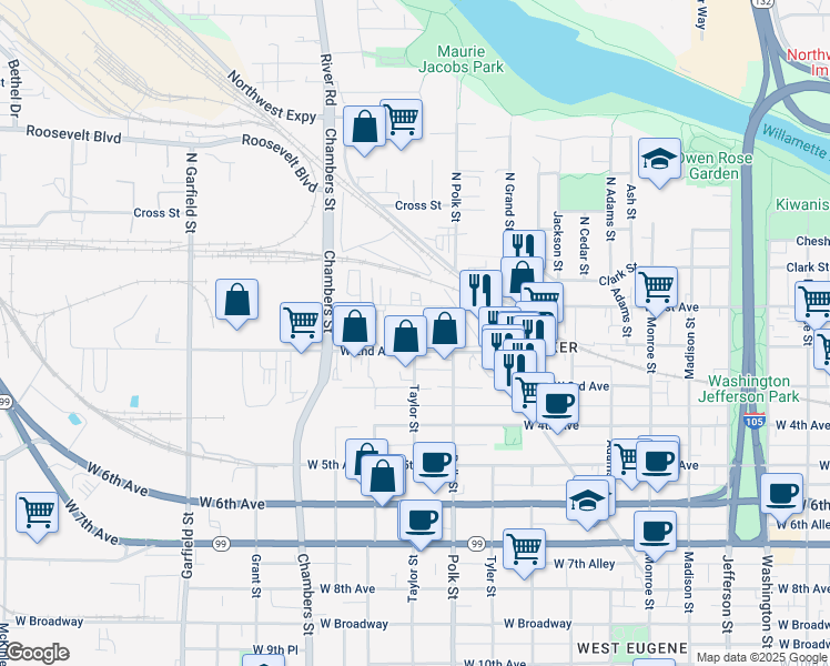 map of restaurants, bars, coffee shops, grocery stores, and more near 179 Taylor Street in Eugene