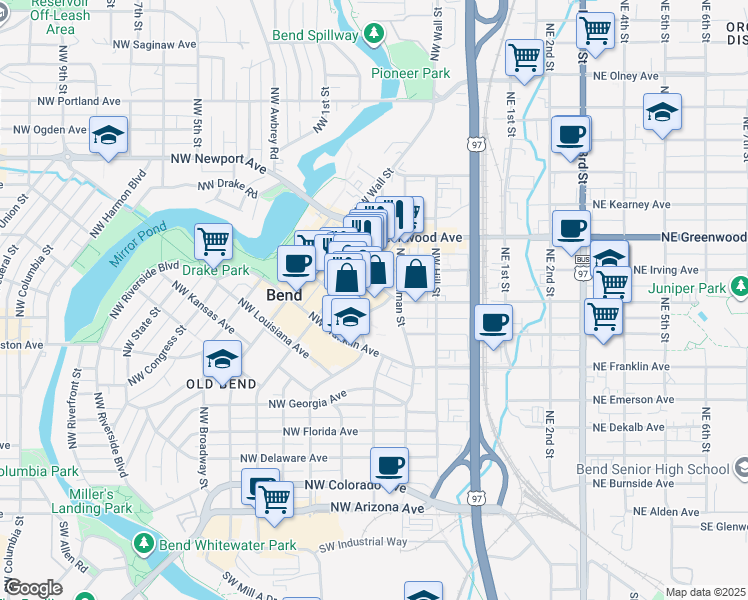 map of restaurants, bars, coffee shops, grocery stores, and more near 750 Northwest Lava Road in Bend