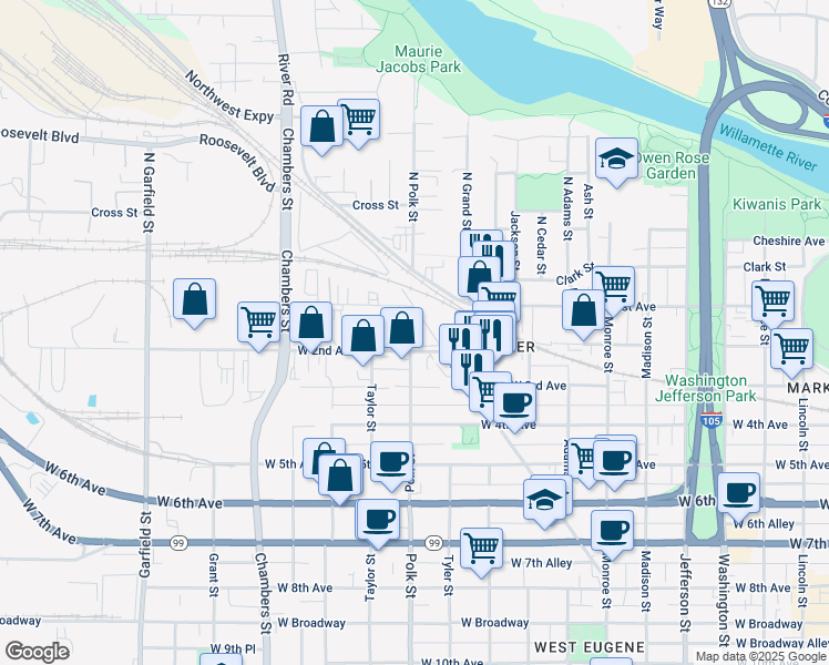 map of restaurants, bars, coffee shops, grocery stores, and more near 181 Polk Street in Eugene