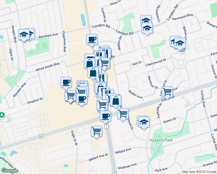 map of restaurants, bars, coffee shops, grocery stores, and more near 17645 Yonge Street in Newmarket