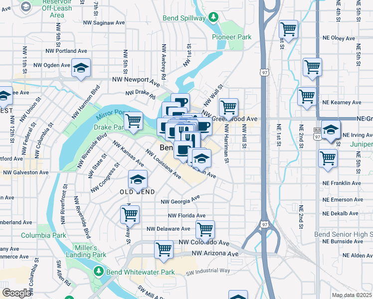 map of restaurants, bars, coffee shops, grocery stores, and more near 835 Northwest Bond Street in Bend