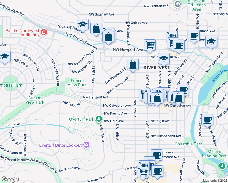map of restaurants, bars, coffee shops, grocery stores, and more near 1613 Northwest Ithaca Avenue in Bend