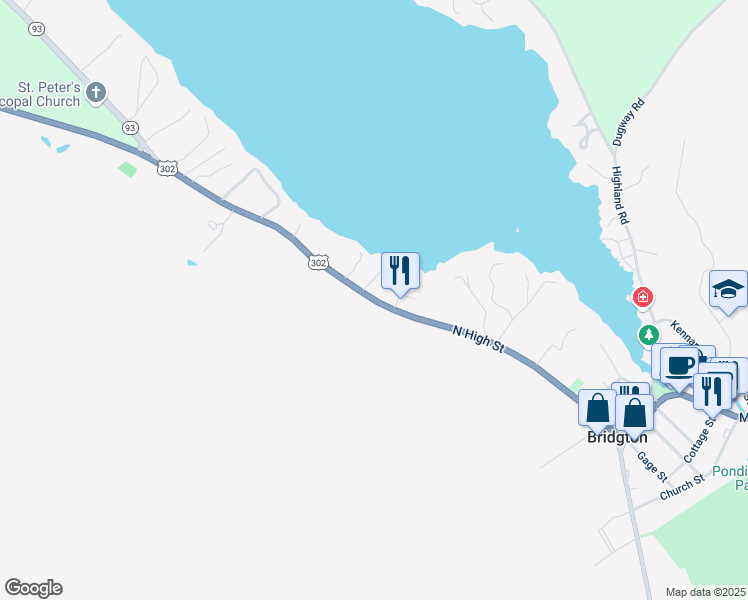 map of restaurants, bars, coffee shops, grocery stores, and more near 132 North High Street in Bridgton