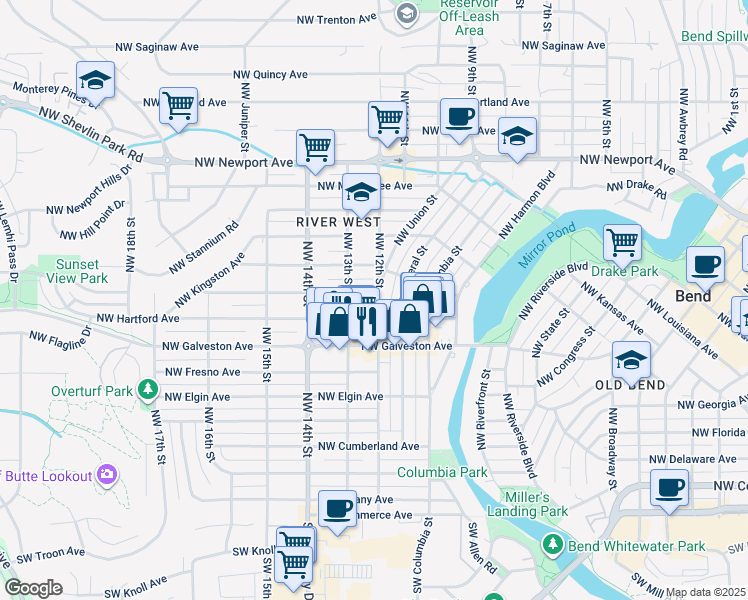 map of restaurants, bars, coffee shops, grocery stores, and more near 1205 Northwest Ithaca Avenue in Bend