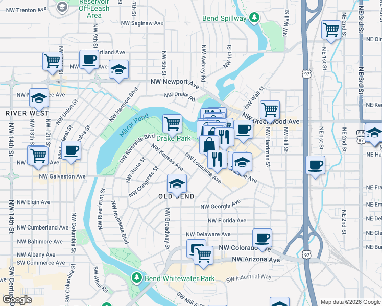 map of restaurants, bars, coffee shops, grocery stores, and more near 712 Northwest Broadway Street in Bend