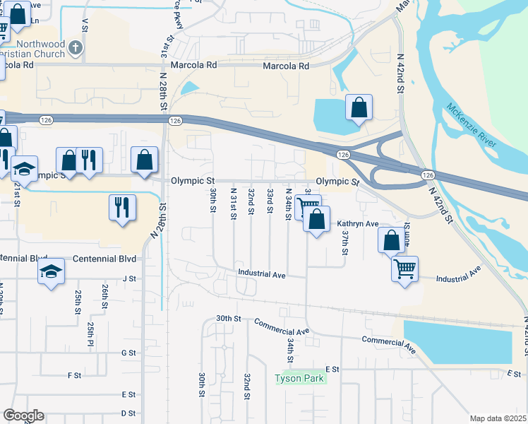 map of restaurants, bars, coffee shops, grocery stores, and more near 1348 33rd Street in Springfield