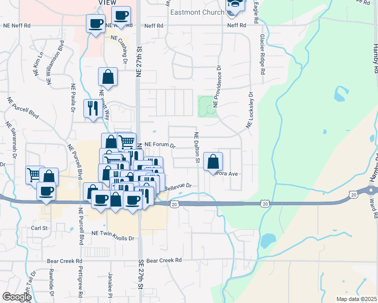 map of restaurants, bars, coffee shops, grocery stores, and more near 2857 Northeast Forum Drive in Bend