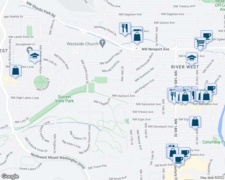 map of restaurants, bars, coffee shops, grocery stores, and more near 2373 Northwest Drouillard Avenue in Bend