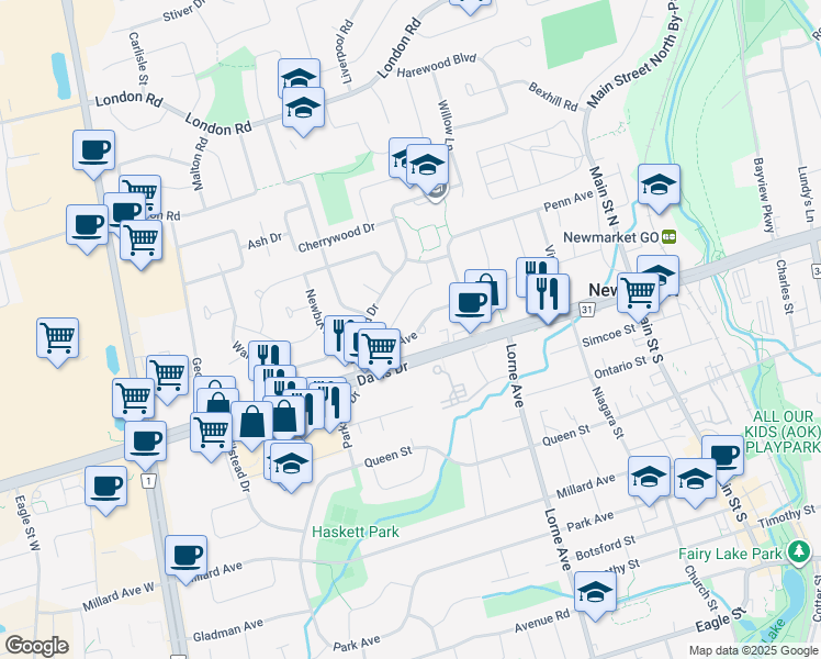 map of restaurants, bars, coffee shops, grocery stores, and more near 195 Penn Avenue in Newmarket