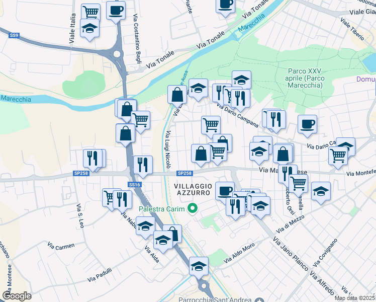 map of restaurants, bars, coffee shops, grocery stores, and more near 6 Via Giuseppe Mengoni in Rimini