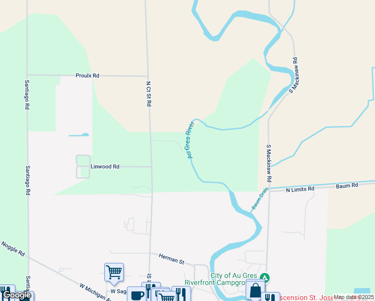 map of restaurants, bars, coffee shops, grocery stores, and more near 909 North Court Street Road in Au Gres
