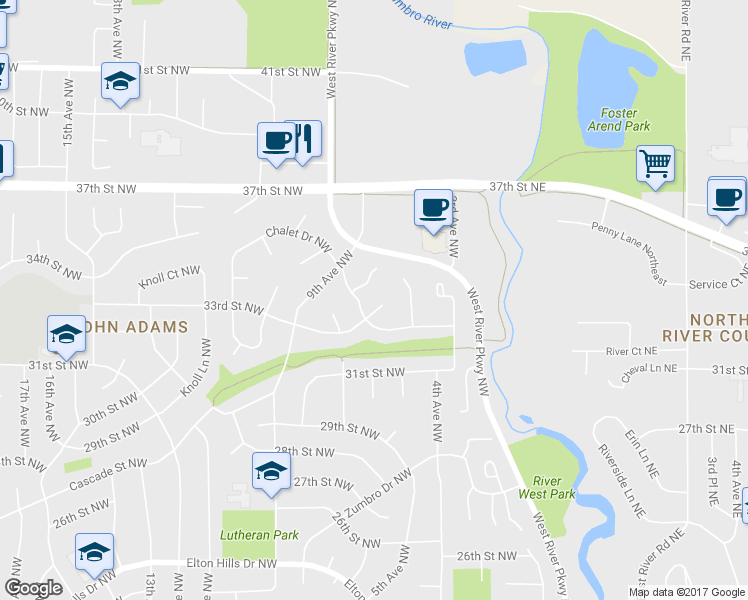 map of restaurants, bars, coffee shops, grocery stores, and more near 615 33rd Street Lane Northwest in Rochester