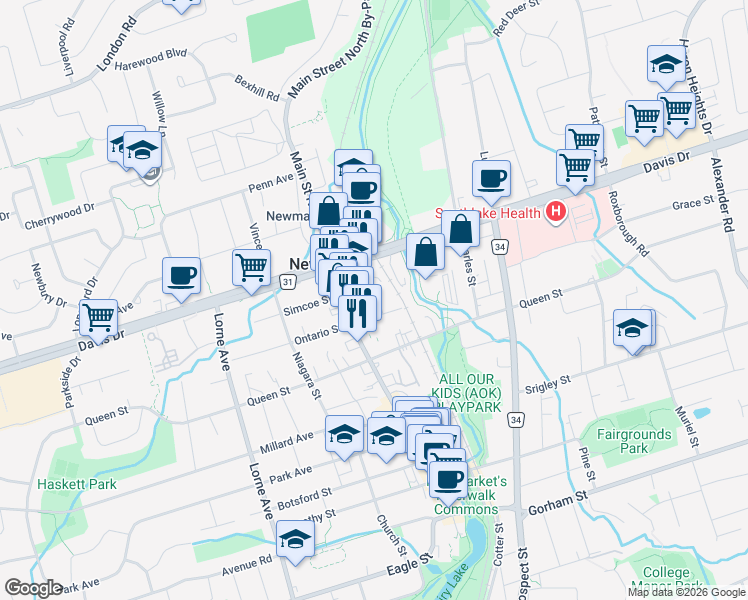 map of restaurants, bars, coffee shops, grocery stores, and more near 38 Superior Street in Newmarket