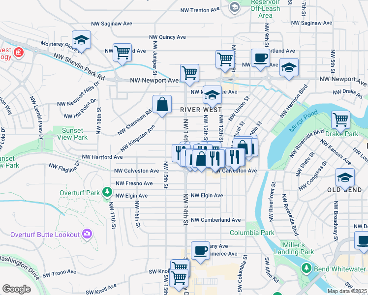 map of restaurants, bars, coffee shops, grocery stores, and more near 1405 Northwest Ithaca Avenue in Bend