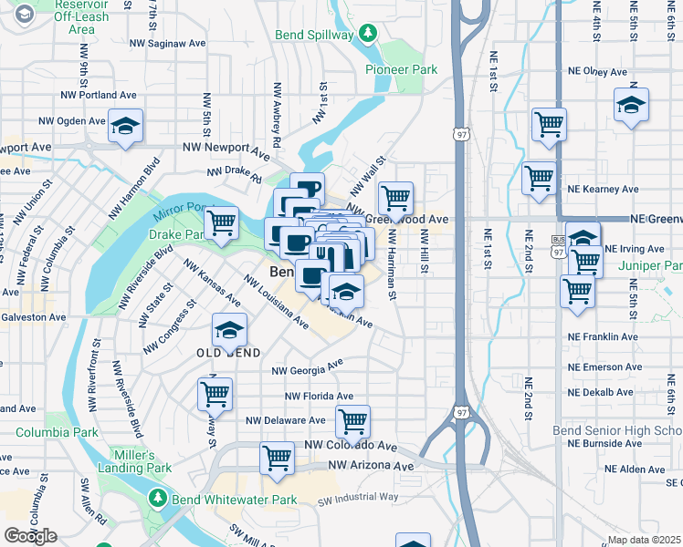 map of restaurants, bars, coffee shops, grocery stores, and more near 920 Northwest Bond Street in Bend