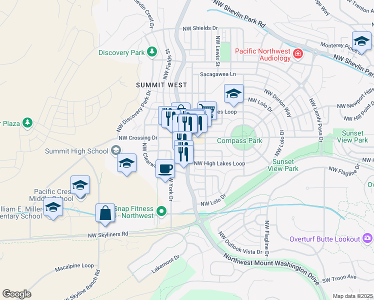 map of restaurants, bars, coffee shops, grocery stores, and more near 766 Northwest Mount Washington Drive in Bend