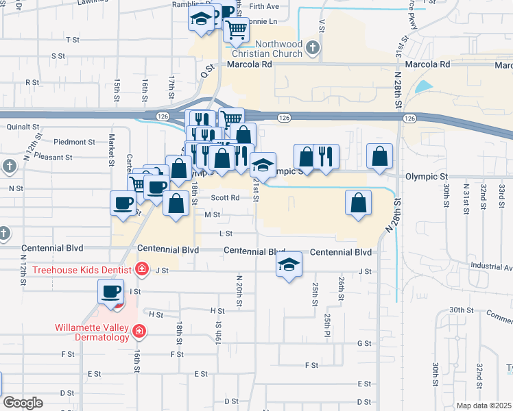 map of restaurants, bars, coffee shops, grocery stores, and more near 1890 M Street in Springfield