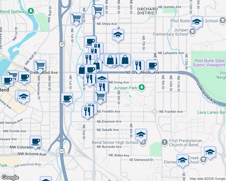map of restaurants, bars, coffee shops, grocery stores, and more near 408 Northeast Hawthorne Avenue in Bend