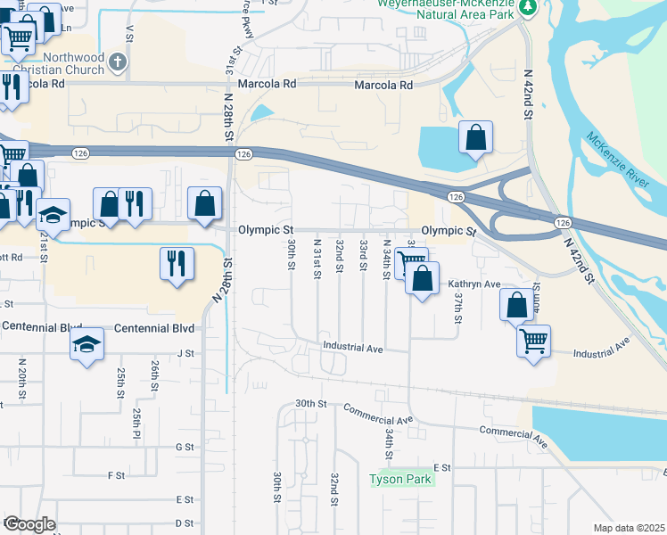 map of restaurants, bars, coffee shops, grocery stores, and more near 1352 North 32nd Street in Springfield