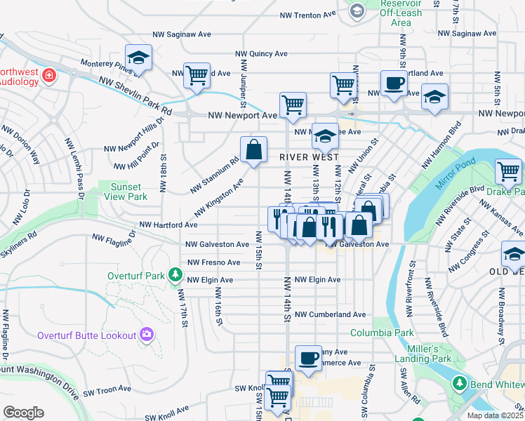 map of restaurants, bars, coffee shops, grocery stores, and more near 1475 Northwest Ithaca Avenue in Bend
