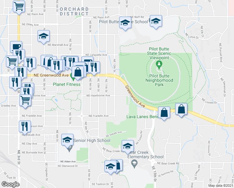 map of restaurants, bars, coffee shops, grocery stores, and more near 802 Northeast 12th Street in Bend
