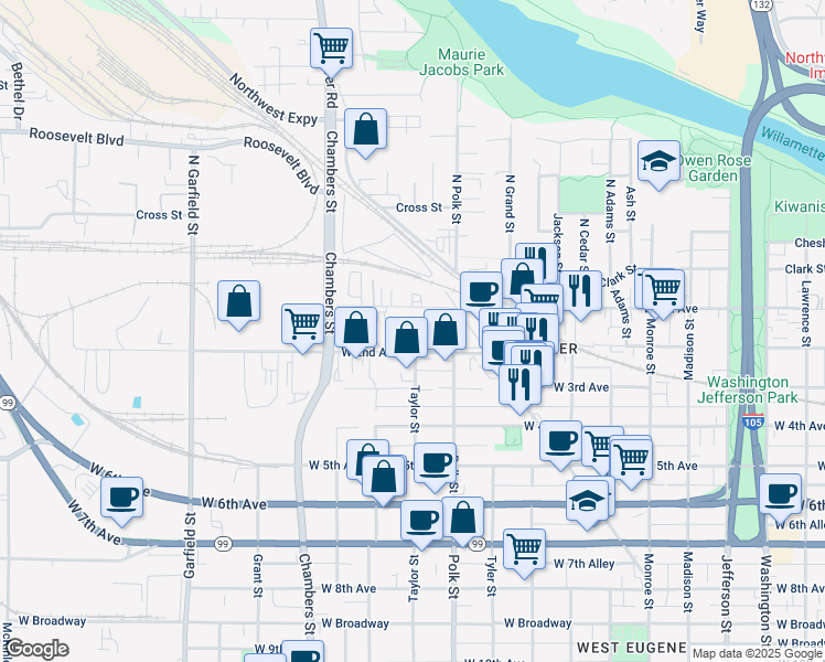 map of restaurants, bars, coffee shops, grocery stores, and more near 179 Taylor Street in Eugene