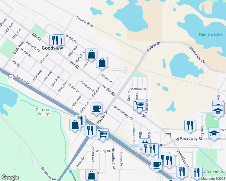 map of restaurants, bars, coffee shops, grocery stores, and more near 219 Edward Street in Winona