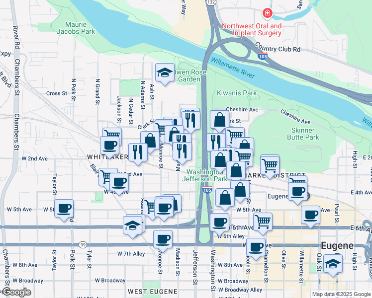 map of restaurants, bars, coffee shops, grocery stores, and more near in Eugene