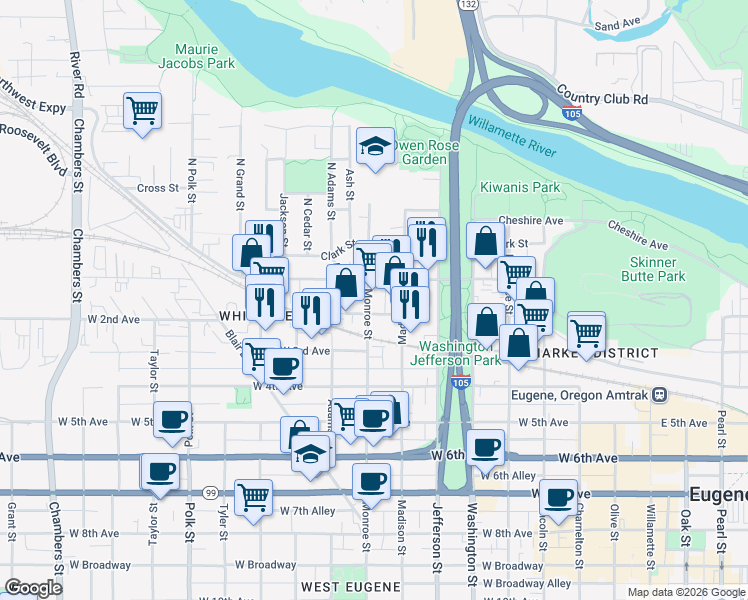 map of restaurants, bars, coffee shops, grocery stores, and more near 170 Monroe Street in Eugene