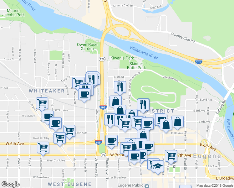 map of restaurants, bars, coffee shops, grocery stores, and more near 154 Lawrence Street in Eugene