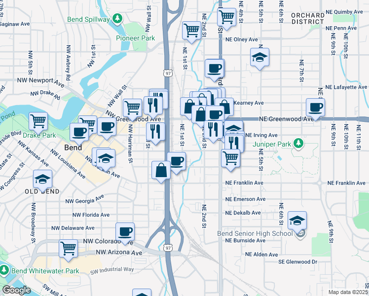 map of restaurants, bars, coffee shops, grocery stores, and more near 740 Northeast 1st Street in Bend