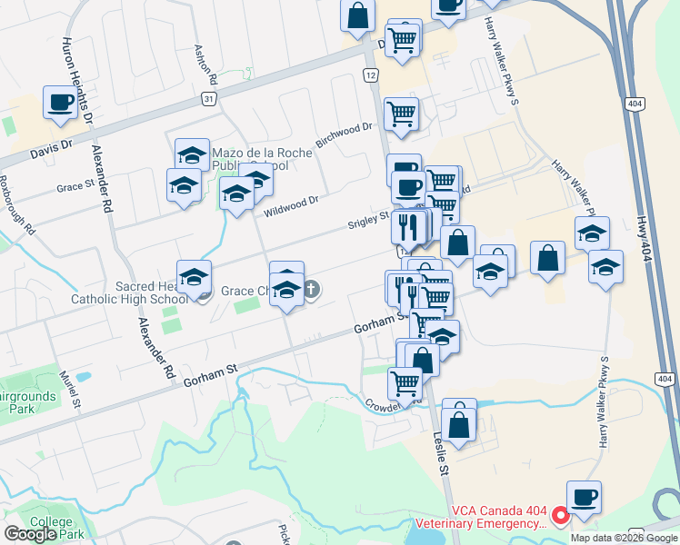 map of restaurants, bars, coffee shops, grocery stores, and more near 1000 Lemar Road in Newmarket