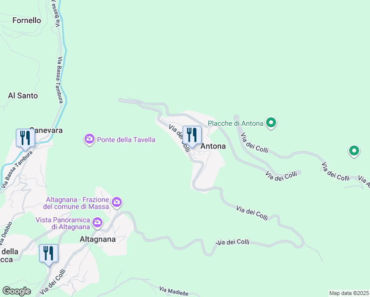 map of restaurants, bars, coffee shops, grocery stores, and more near 133 Via dei Colli in Provincia di Massa e Carrara