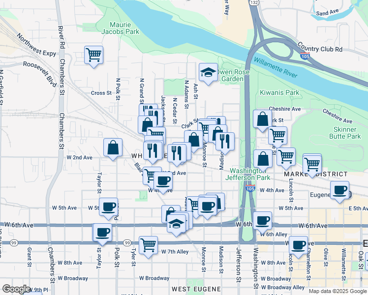 map of restaurants, bars, coffee shops, grocery stores, and more near 940 West 1st Avenue in Eugene