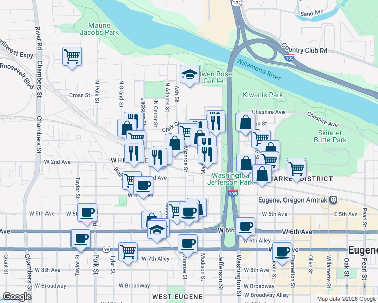 map of restaurants, bars, coffee shops, grocery stores, and more near 157 Monroe Street in Eugene