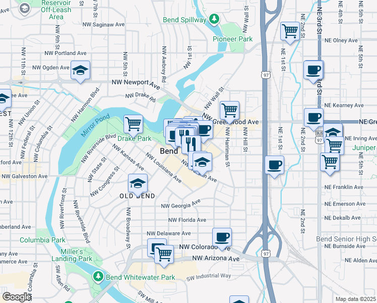 map of restaurants, bars, coffee shops, grocery stores, and more near 835 Northwest Bond Street in Bend