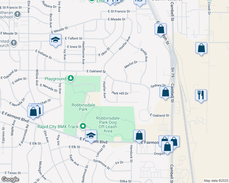 map of restaurants, bars, coffee shops, grocery stores, and more near 1012 Park Hill Drive in Rapid City